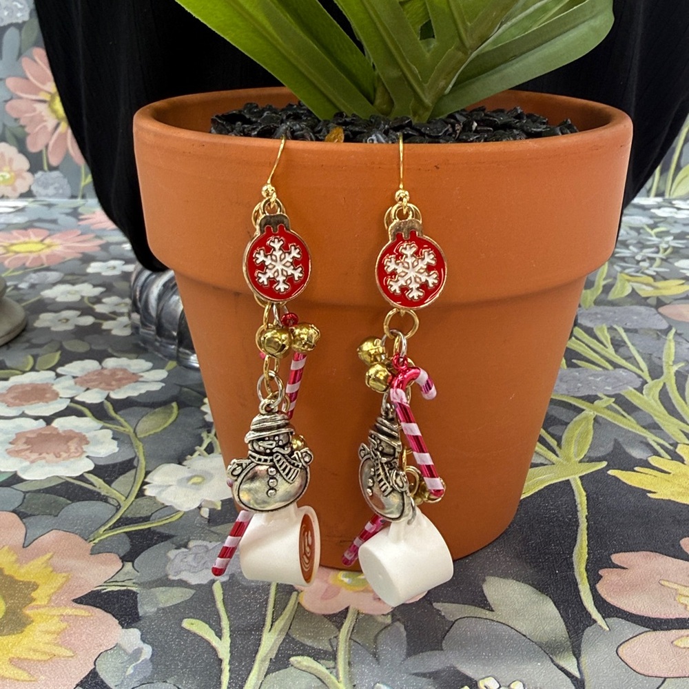🌟Adorned Crown Jewelry assemblage snowman candy cane cocoa earrings